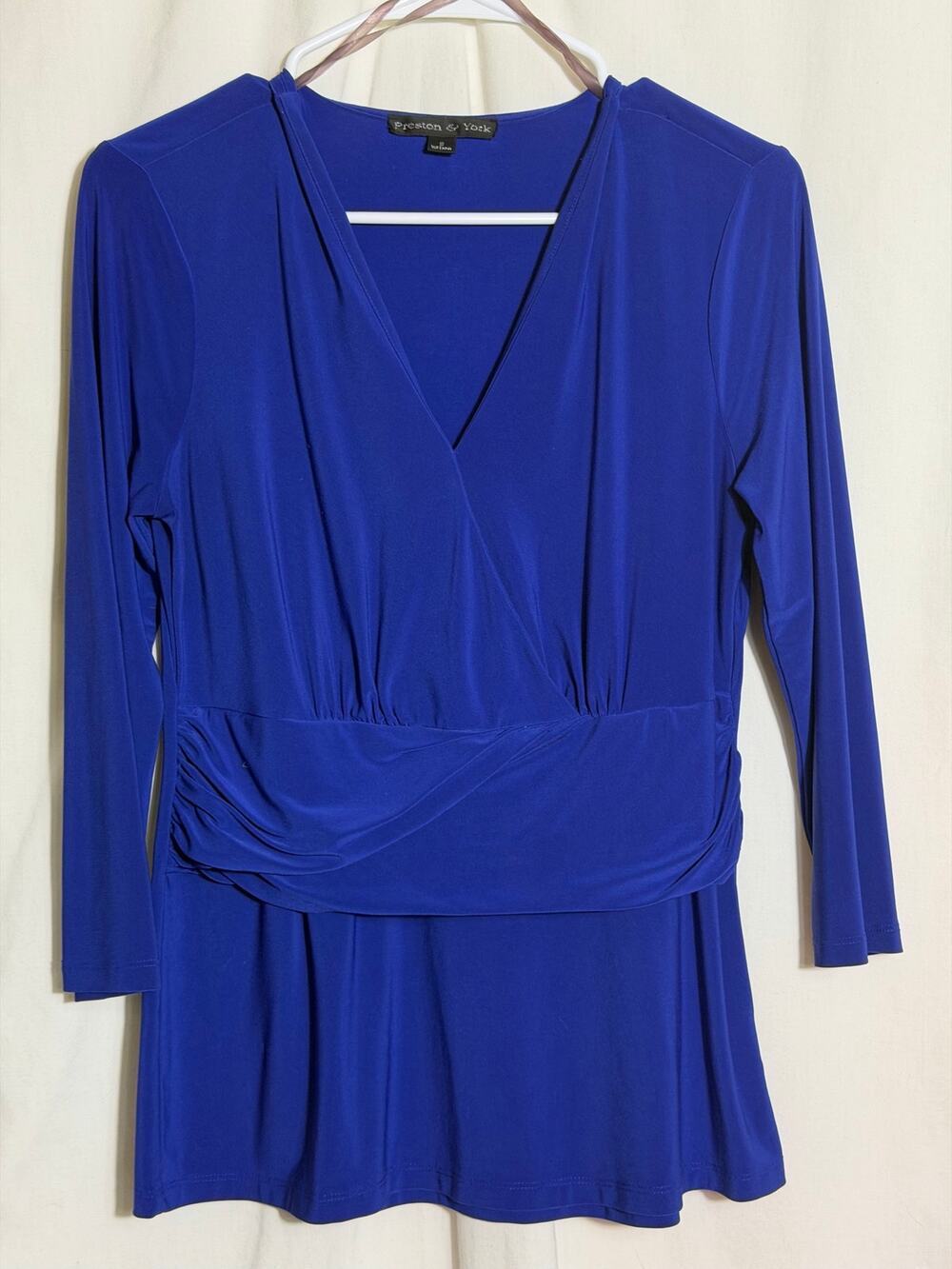 Preston & York Royal Blue Faux Wrap Blouse Women’s Small Long Sleeve Stretch Top